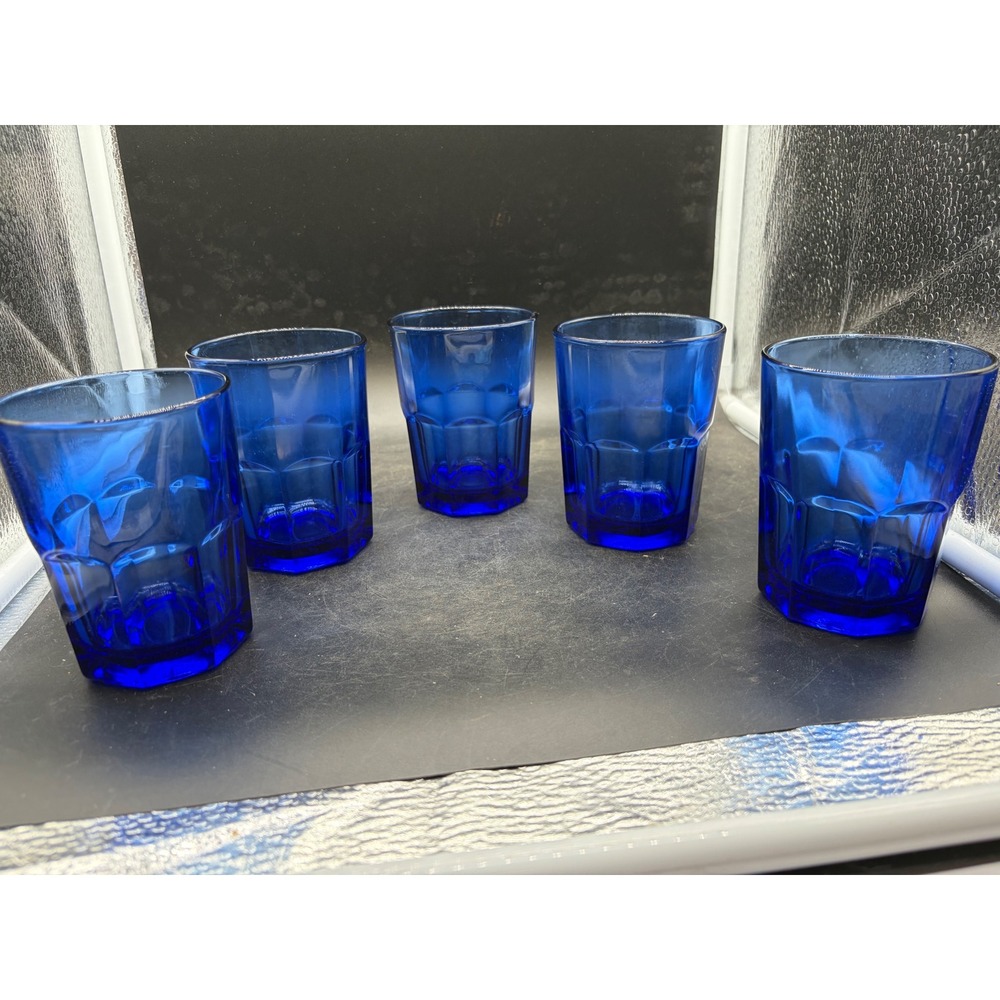Crisa Cobalt Blue Glass Tumblers Set of 5 Paneled Drinking Glasses 6oz